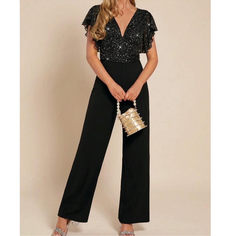 Luxe Black Sequin Plunging Neck Butterfly Sleeves Wide Leg Jumpsuit S M L XL